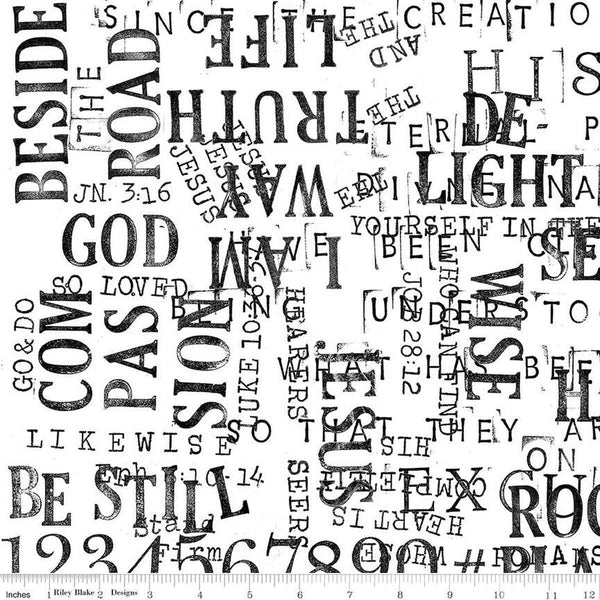 Image of the Sewing Seeds III Parable Stamps White quilting cotton fabric by Lori Holt for Riley Blake Designs. Features text on a white background. Cute Little Fabric Shop