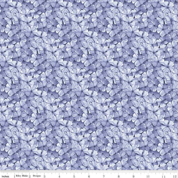 Image of the Sewing Seeds III Phlox Petals Periwinkle quilting cotton fabric by Lori Holt for Riley Blake Designs. Features flowers on a purple background. Cute Little Fabric Shop