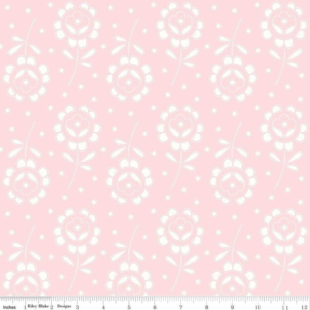 Image of the Sewing Seeds III Rose Cutwork Pink quilting cotton fabric by Lori Holt for Riley Blake Designs. Features flowers on a pink background. Cute Little Fabric Shop