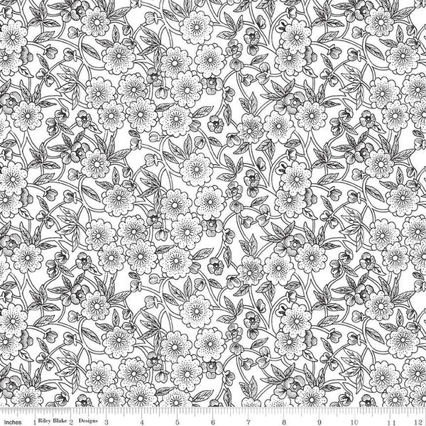 Image of the Sewing Seeds III Porcelain Petals White quilting cotton fabric by Lori Holt for Riley Blake Designs. Features flowers on a white background. Cute Little Fabric Shop