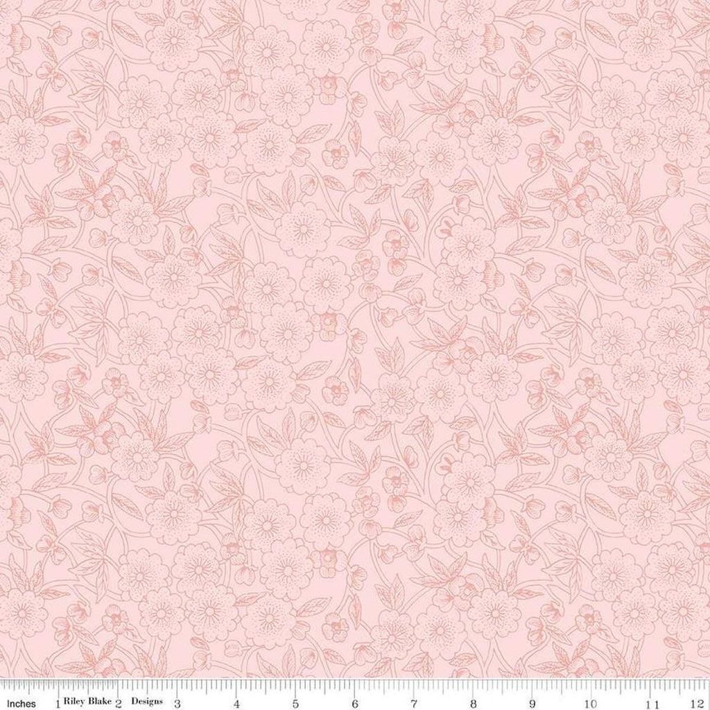 Image of the Sewing Seeds III Porcelain Petals Pink quilting cotton fabric by Lori Holt for Riley Blake Designs. Features flowers on a pink background. Cute Little Fabric Shop