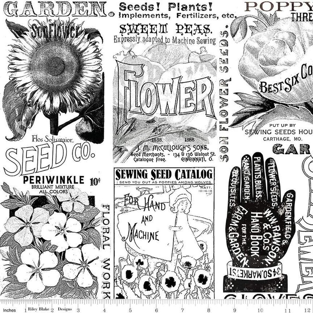 Image of the Sewing Seeds III Garden Blender White quilting cotton fabric by Lori Holt for Riley Blake Designs. Features icons on a white background. Cute Little Fabric Shop