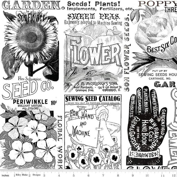 Image of the Sewing Seeds III Garden Blender White quilting cotton fabric by Lori Holt for Riley Blake Designs. Features icons on a white background. Cute Little Fabric Shop