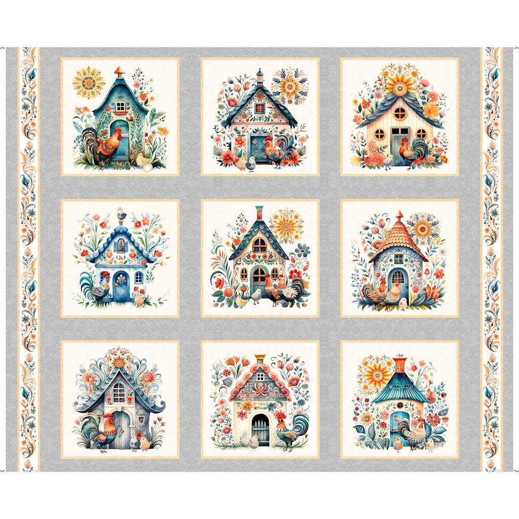Image of the Poultry In Motion Chicken Coop Picture Patches Gray quilting cotton fabric by QT Fabrics. Features chickens and coops in squares on a fabric. 
Cute Little Fabric Shop