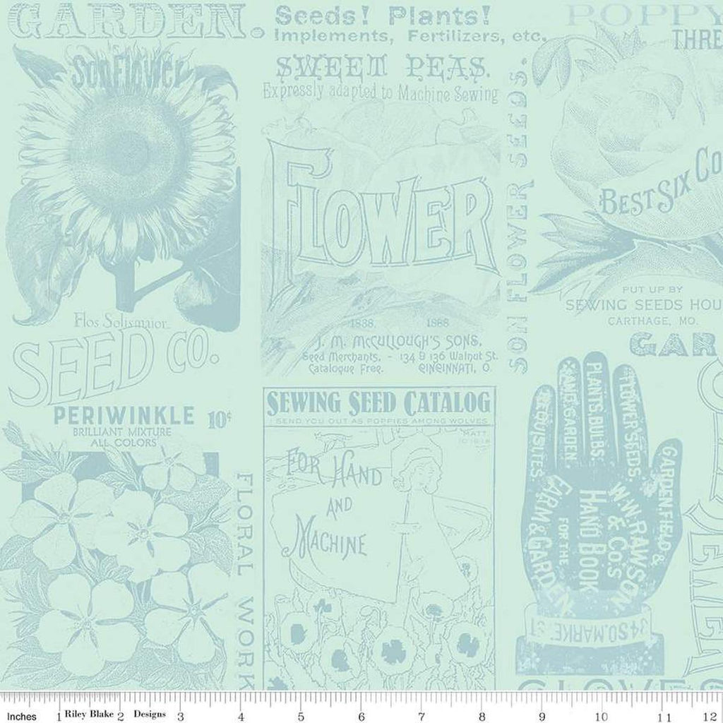 Image of the Sewing Seeds III Garden Blender Aqua quilting cotton fabric by Lori Holt for Riley Blake Designs. Features icons on a blue background. Cute Little Fabric Shop