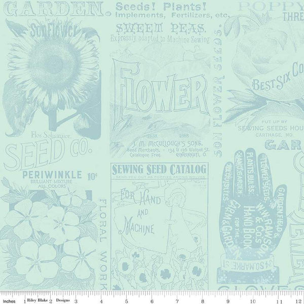 Image of the Sewing Seeds III Garden Blender Aqua quilting cotton fabric by Lori Holt for Riley Blake Designs. Features icons on a blue background. Cute Little Fabric Shop