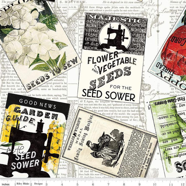 Image of the Sewing Seeds III Seed Packs Toss White quilting cotton fabric by Lori Holt for Riley Blake Designs. Features ads on a white background. Cute Little Fabric Shop