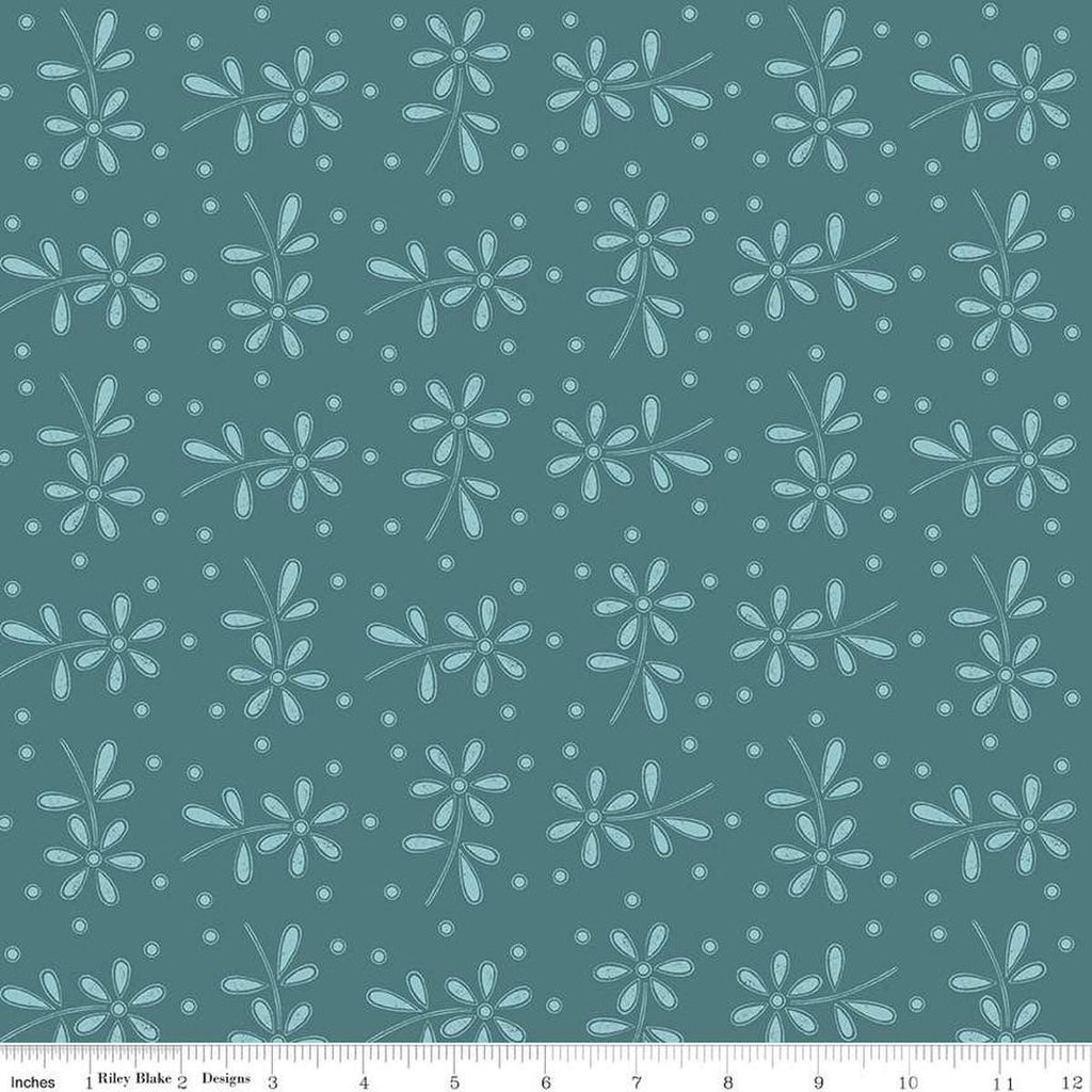 Image of the Sewing Seeds III Seed Packs Toss Turquoise quilting cotton fabric by Lori Holt for Riley Blake Designs. Features ads on a blue background. Cute Little Fabric Shop