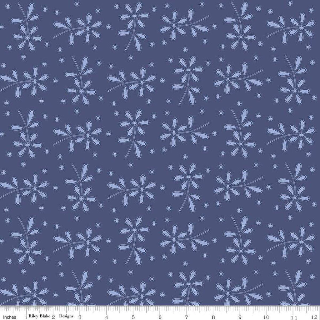 Image of the Sewing Seeds III Seed Packs Toss Blue quilting cotton fabric by Lori Holt for Riley Blake Designs. Features ads on a blue background. Cute Little Fabric Shop