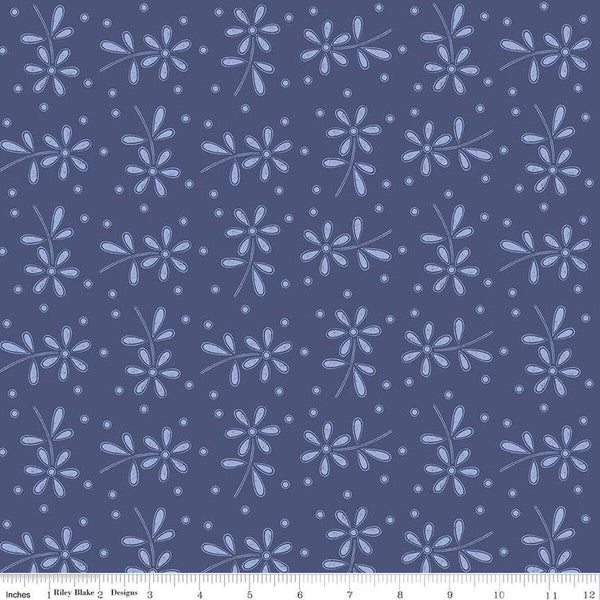 Image of the Sewing Seeds III Seed Packs Toss Blue quilting cotton fabric by Lori Holt for Riley Blake Designs. Features ads on a blue background. Cute Little Fabric Shop