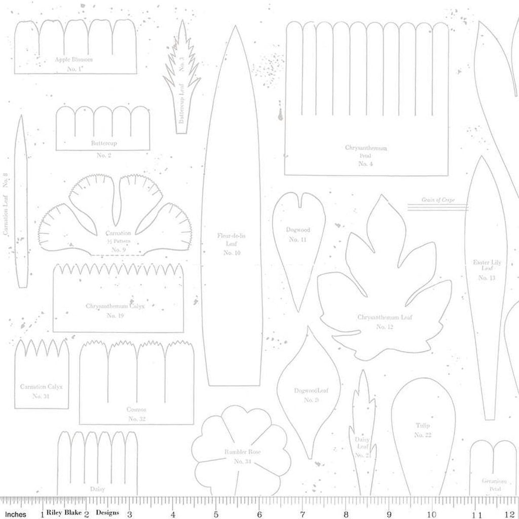 Image of the Sewing Seeds III Posie Patterns White-on-White quilting cotton fabric by Lori Holt for Riley Blake Designs. Features ads on a blue background. Cute Little Fabric Shop