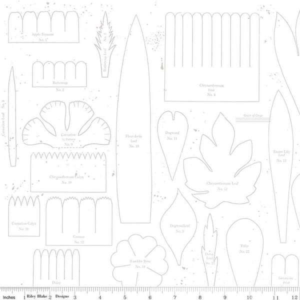 Image of the Sewing Seeds III Posie Patterns White-on-White quilting cotton fabric by Lori Holt for Riley Blake Designs. Features ads on a blue background. Cute Little Fabric Shop