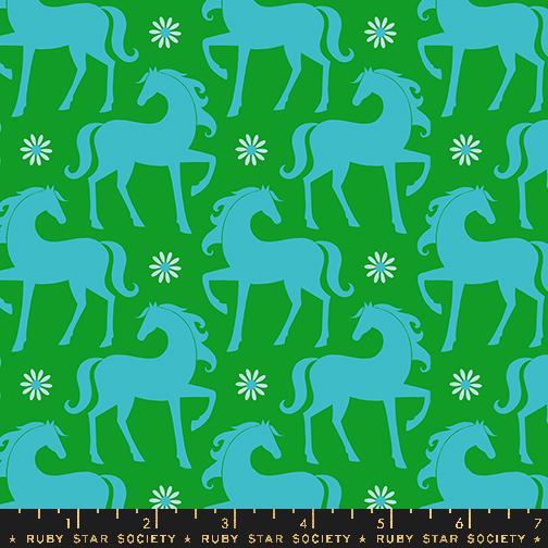 Image of the Carousel Horses Verdant quilting cotton fabric by Ruby Star Society for Moda Fabrics. Features horses on a green background. Cute Little Fabric Shop