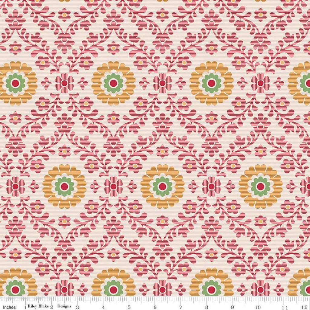 Image of the Piece & Plenty Wallpaper Marigold wide back quilting cotton fabric by Lori Holt for Riley Blake Designs. Features floral fabrics on a pink background. 
Cute Little Fabric Shop