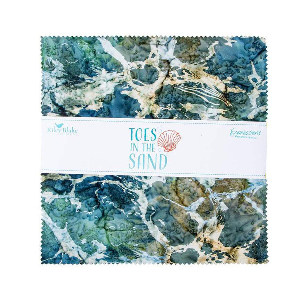 Image of the Toes in the Sand batik expressions 10 inch stacker by Riley Blake Designs. Features ocean themed fabrics. 
Cute Little Fabric Shop