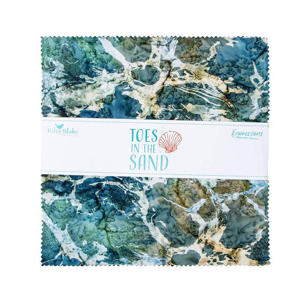 Image of the Toes in the Sand batik expressions 10 inch stacker by Riley Blake Designs. Features ocean themed fabrics. 
Cute Little Fabric Shop