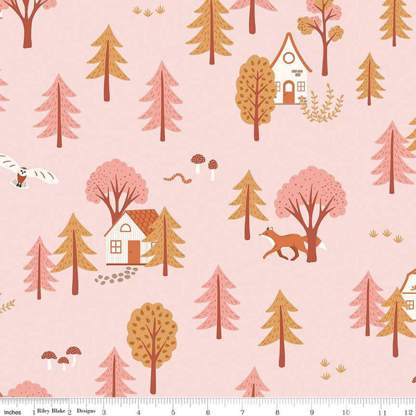 Image of the Forest Village Main Pink quilting cotton fabric by Little Forest Atelier for Riley Blake Designs. Features a a forest on a pink background. Cute Little Fabric Shop