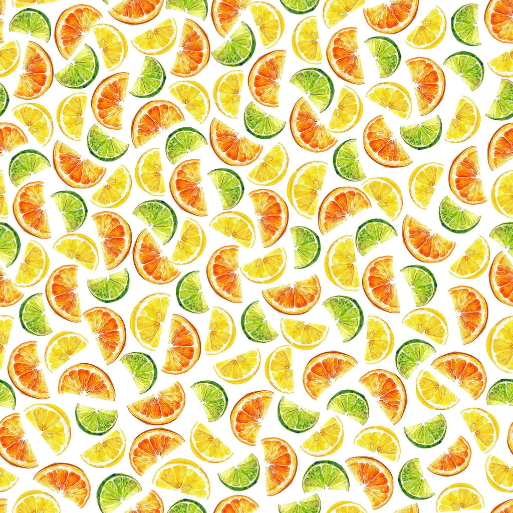 Image of the That's the Spirit Citrus Slices White quilting cotton fabric by Morris Creative Group for QT Fabrics. Features citrus on a white background. Cute Little Fabric Shop