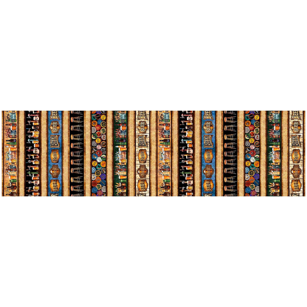 Image of the Brewmaster Beer Decorative Stripe Multi quilting cotton by QT Fabrics. Features stripes on a black background. Cute Little Fabric Shop