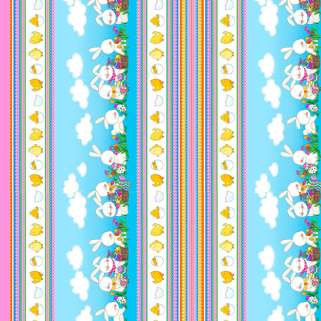 Image of the Hoppy Easter Bunny Decorative Stripe Multi quilting cotton fabric by EunYoung Otsuki for QT Fabrics. Features striped patterns on a blue background. Cute Little Fabric Shop