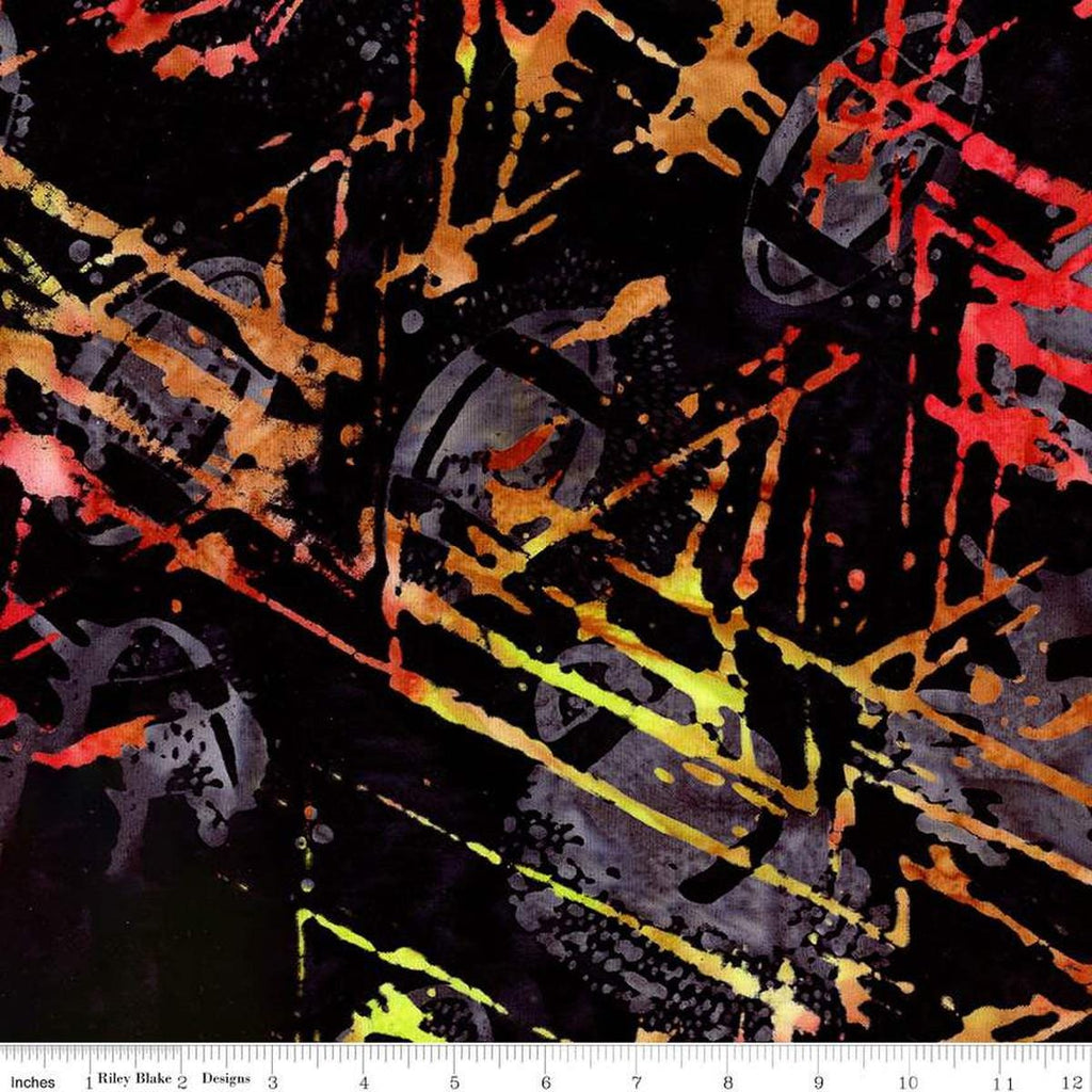 Image of the Expressions Batiks Lets Play Ball! Poppy Quartz quilting cotton batik fabric by Riley Blake Designs. Features sports balls and stripes on a black fabric. 
Cute Little Fabric Shop