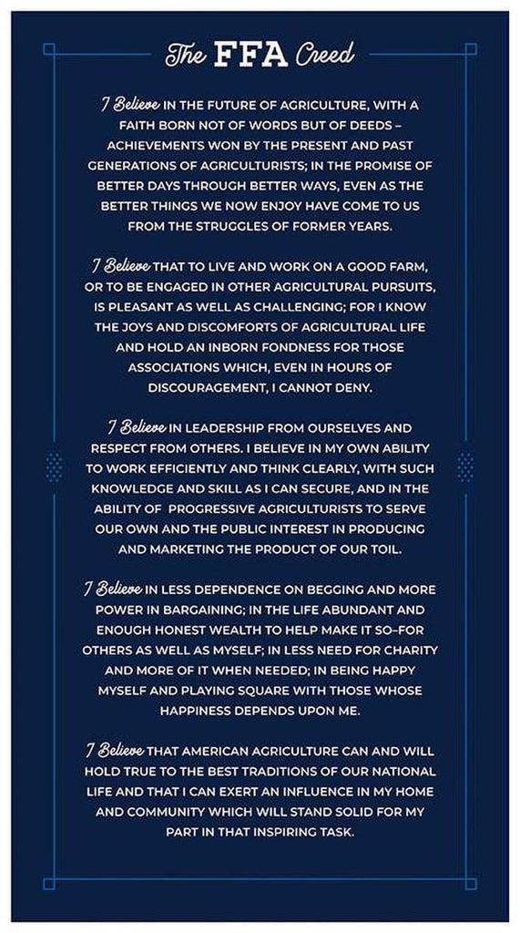 Image of the FFA Forever Blue 2 FFA Creed Panel quilting cotton fabric by Riley Blake Designs. Features the statement from the FFA. Official Licensed Product 
Cute Little Fabric Shop