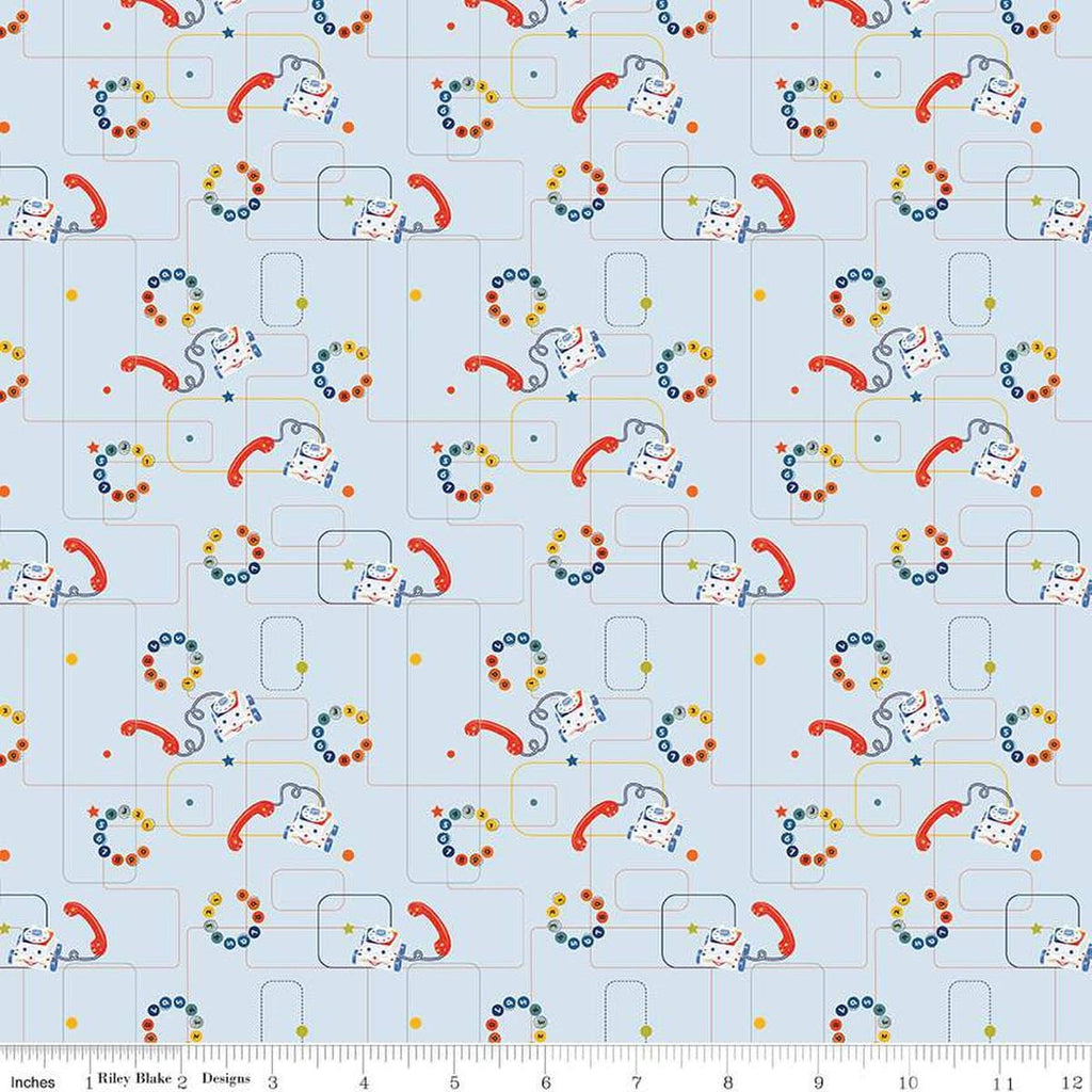 Image of the Pop 'n Play Phones Sky quilting cotton fabric by Fisher-Price for Riley Blake Designs. Features phones on a blue background. Cute Little Fabric Shop
