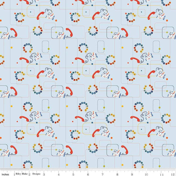 Image of the Pop 'n Play Phones Sky quilting cotton fabric by Fisher-Price for Riley Blake Designs. Features phones on a blue background. Cute Little Fabric Shop