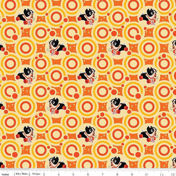 Image of the Pop 'n Play Bubbles Yellow quilting cotton fabric by Fisher-Price for Riley Blake Designs. Features toys on an orange background. Cute Little Fabric Shop