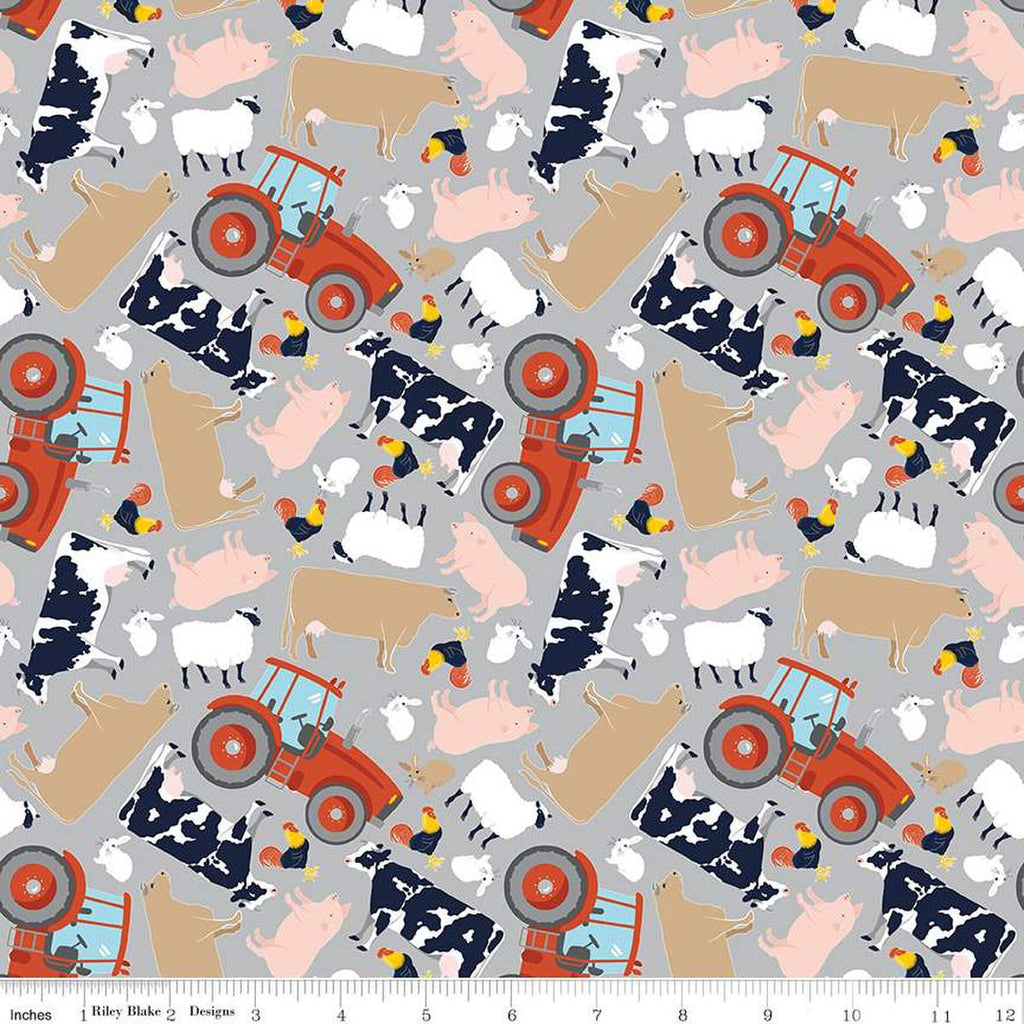 Image of the FFA Forever Blue 2 Animals Gray quilting cotton fabric by Riley Blake Designs. Features animals on a gray background. Official Licensed Product. Cute Little Fabric Shop