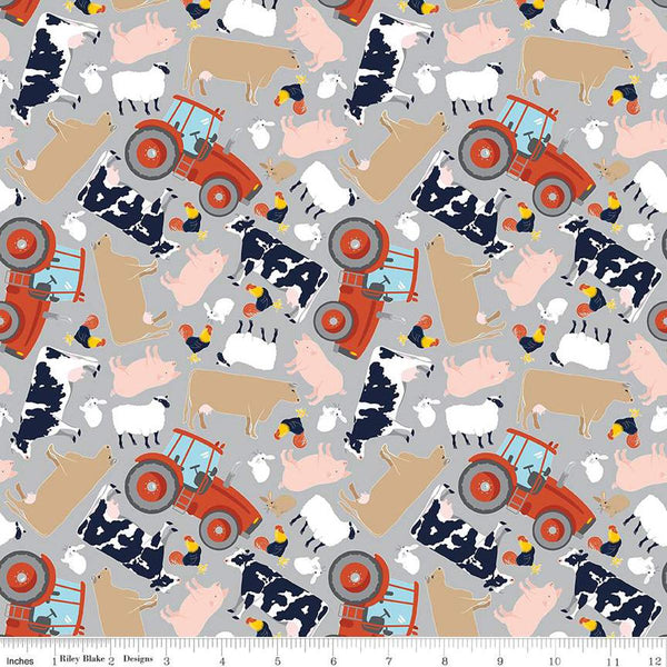 Image of the FFA Forever Blue 2 Animals Gray quilting cotton fabric by Riley Blake Designs. Features animals on a gray background. Official Licensed Product. Cute Little Fabric Shop