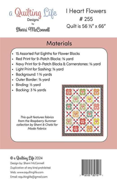 Image of the I Heart Flowers quilt pattern by Sherri McConnell for Moda Fabrics. Features the fabric requirements.
Cute Little Fabric Shop