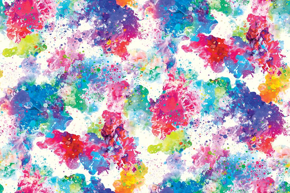 Image of the Gradients Euphoria Bursts Rainbow quilting cotton fabric by Moda Fabrics. Features rainbow paint bursts on a white background. Cute Little Fabric Shop