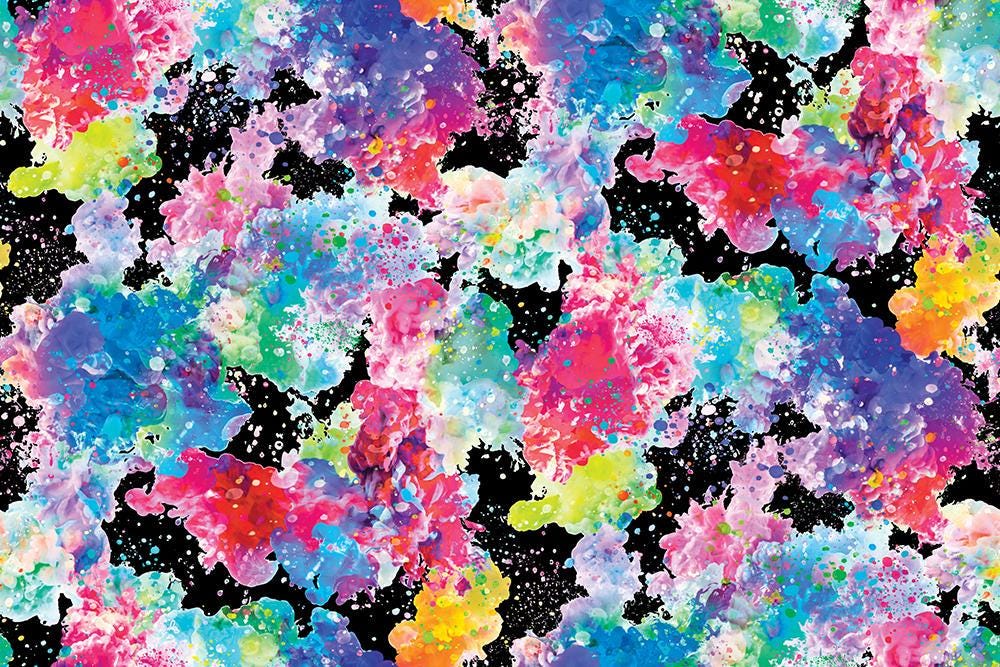 Image of the Gradients Euphoria Bursts Midnight quilting cotton fabric by Moda Fabrics. Features rainbow paint bursts on a black background. Cute Little Fabric Shop