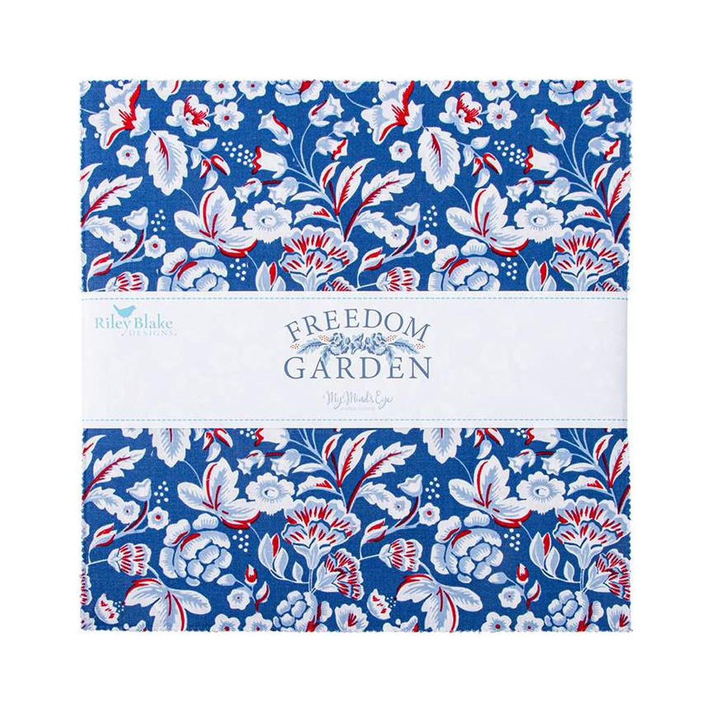 Image of the Freedom Garden 10 inch stacker by My Minds Eye for Riley Blake Designs. Features red white and blue fabrics. 
Cute Little Fabric Shop