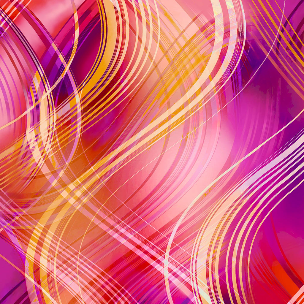 Image of the Synergy Wavy Plaid Fuchsia quilting cotton fabric by QT Fabrics. Features a wave pattern on a pink background. Cute Little Fabric Shop