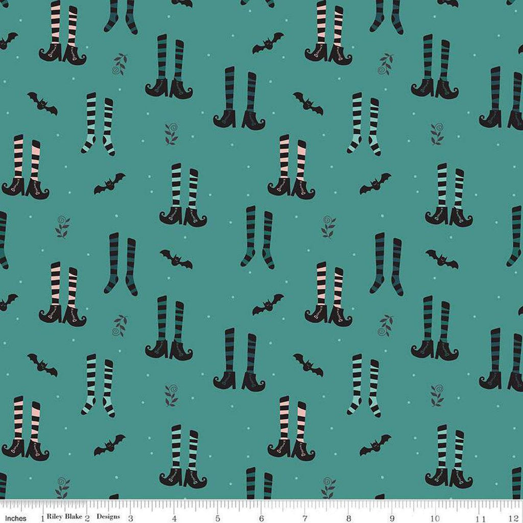 35" End of Bolt - Little Witch Witches Socks C14561 Light Teal - Riley Blake Designs - Socks Boots Bats - Quilting Cotton Fabric