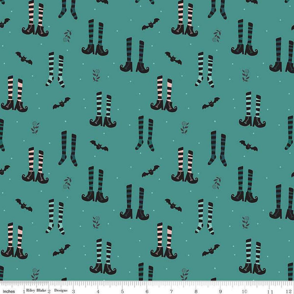 16" End of Bolt - Little Witch Witches Socks C14561 Light Teal - Riley Blake Designs - Socks Boots Bats - Quilting Cotton Fabric