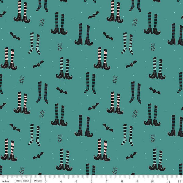 16" End of Bolt - Little Witch Witches Socks C14561 Light Teal - Riley Blake Designs - Socks Boots Bats - Quilting Cotton Fabric