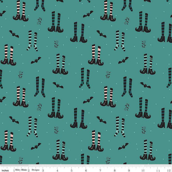 35" End of Bolt - Little Witch Witches Socks C14561 Light Teal - Riley Blake Designs - Socks Boots Bats - Quilting Cotton Fabric