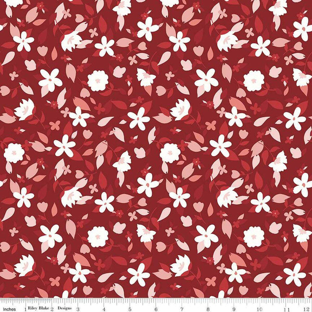 Image of the Yacht Club Flowers Red quilting cotton fabric by Amanda Niederhauser for Riley Blake Designs. Features flowers on a red background. Cute Little Fabric Shop