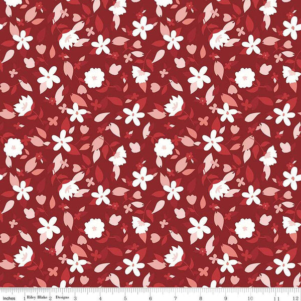 Image of the Yacht Club Flowers Red quilting cotton fabric by Amanda Niederhauser for Riley Blake Designs. Features flowers on a red background. Cute Little Fabric Shop