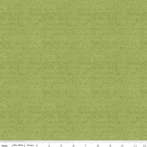 Image of the Sewing Seeds III Stipple Green quilting cotton fabric by Lori Holt for Riley Blake Designs. Features dots on a green background. Cute Little Fabric Shop