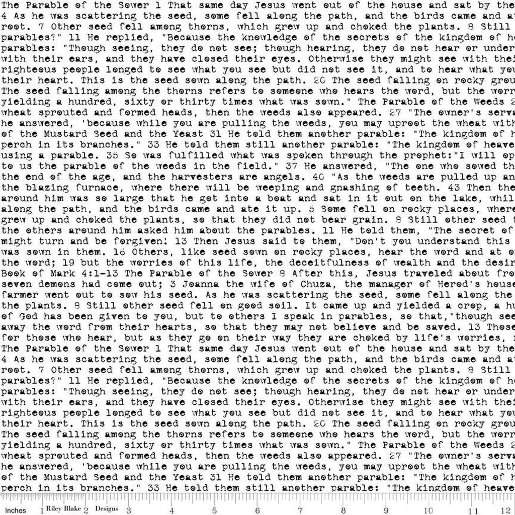 Image of the Sewing Seeds III Seed Sower White quilting cotton fabric by Lori Holt for Riley Blake Designs. Features words on a white background. Cute Little Fabric Shop