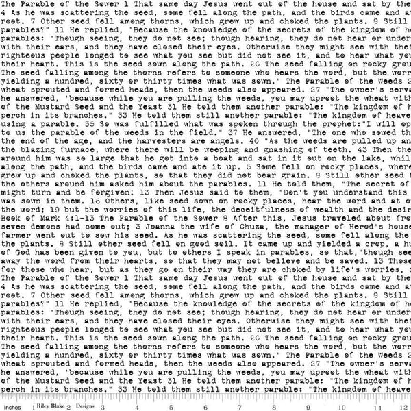 Image of the Sewing Seeds III Seed Sower White quilting cotton fabric by Lori Holt for Riley Blake Designs. Features words on a white background. Cute Little Fabric Shop