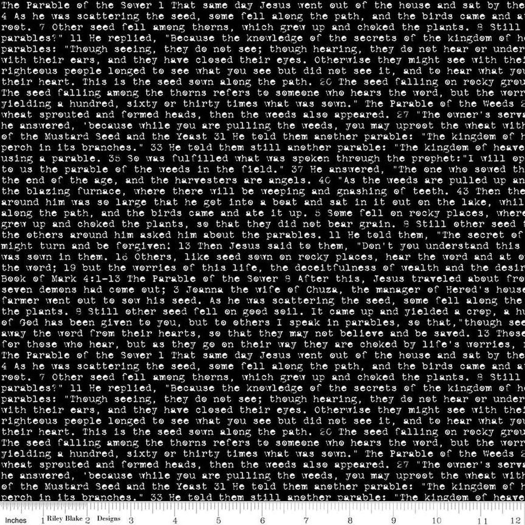 Image of the Sewing Seeds III Seed Sower Black quilting cotton fabric by Lori Holt for Riley Blake Designs. Features words on a black background. Cute Little Fabric Shop