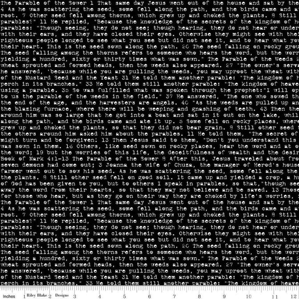 Image of the Sewing Seeds III Seed Sower Black quilting cotton fabric by Lori Holt for Riley Blake Designs. Features words on a black background. Cute Little Fabric Shop