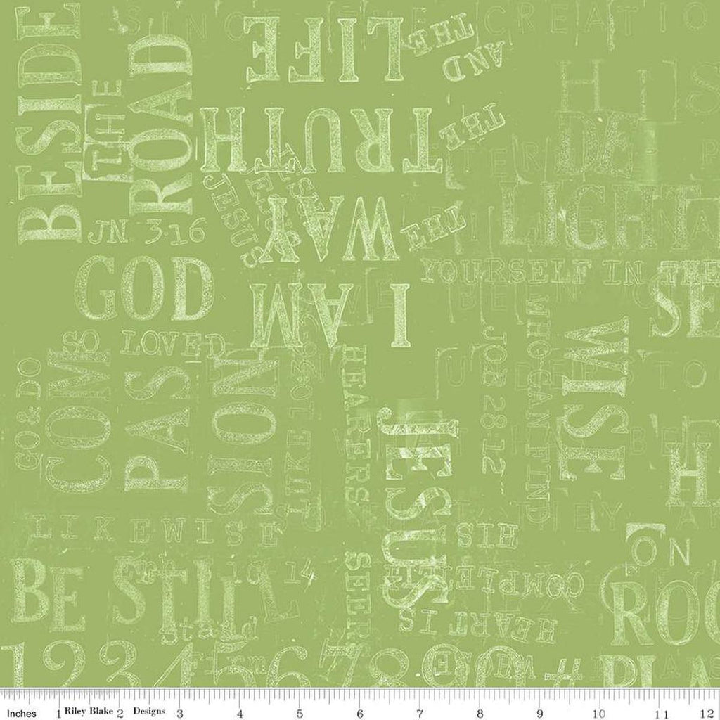 Image of the Sewing Seeds III Parable Stamps Green quilting cotton fabric by Lori Holt for Riley Blake Designs. Features text on a green background. Cute Little Fabric Shop