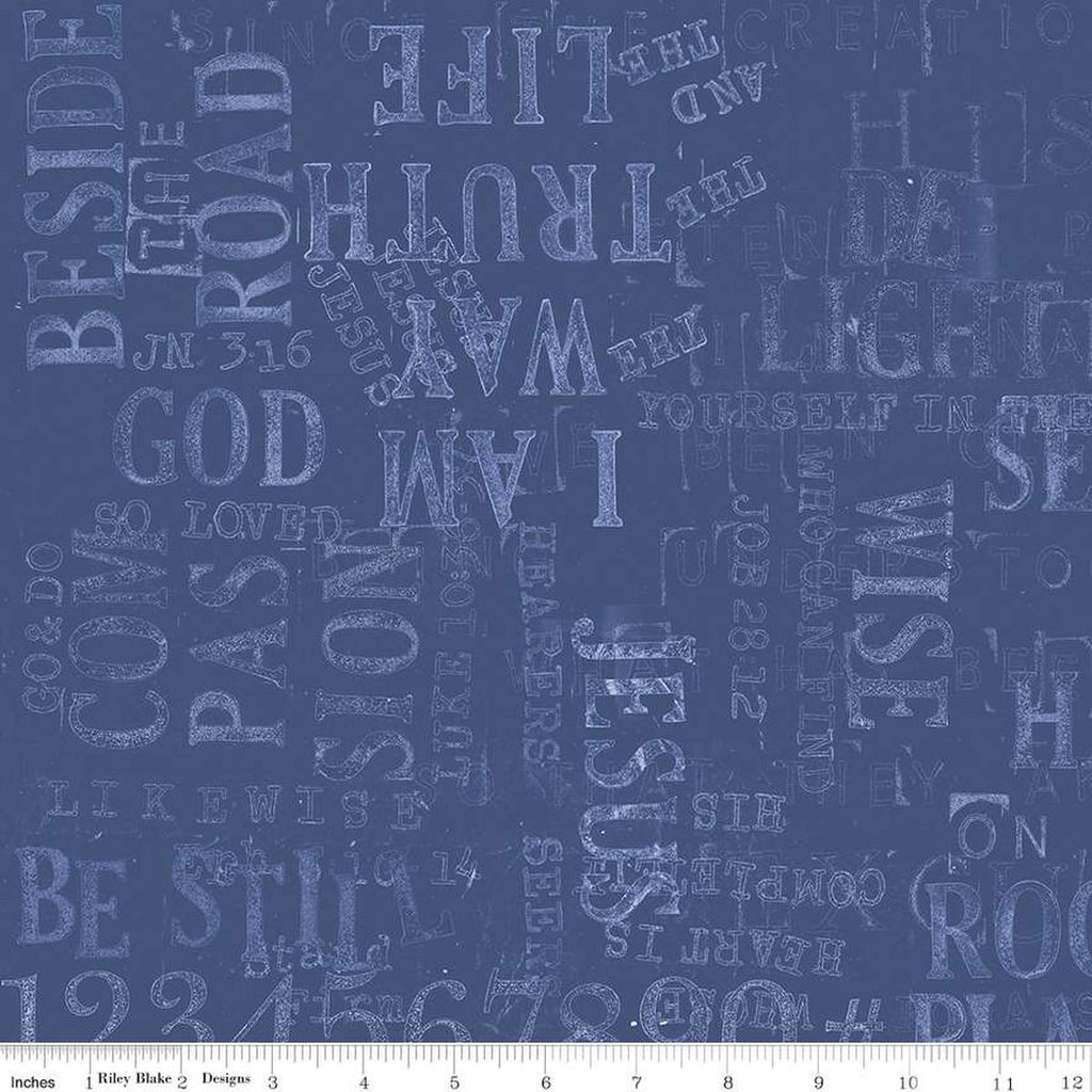 Image of the Sewing Seeds III Parable Stamps Blue quilting cotton fabric by Lori Holt for Riley Blake Designs. Features text on a blue background. Cute Little Fabric Shop