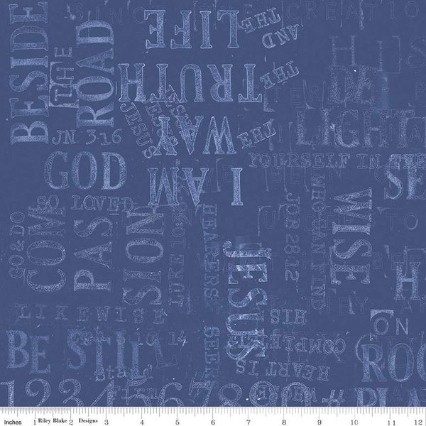 Image of the Sewing Seeds III Parable Stamps Blue quilting cotton fabric by Lori Holt for Riley Blake Designs. Features text on a blue background. Cute Little Fabric Shop